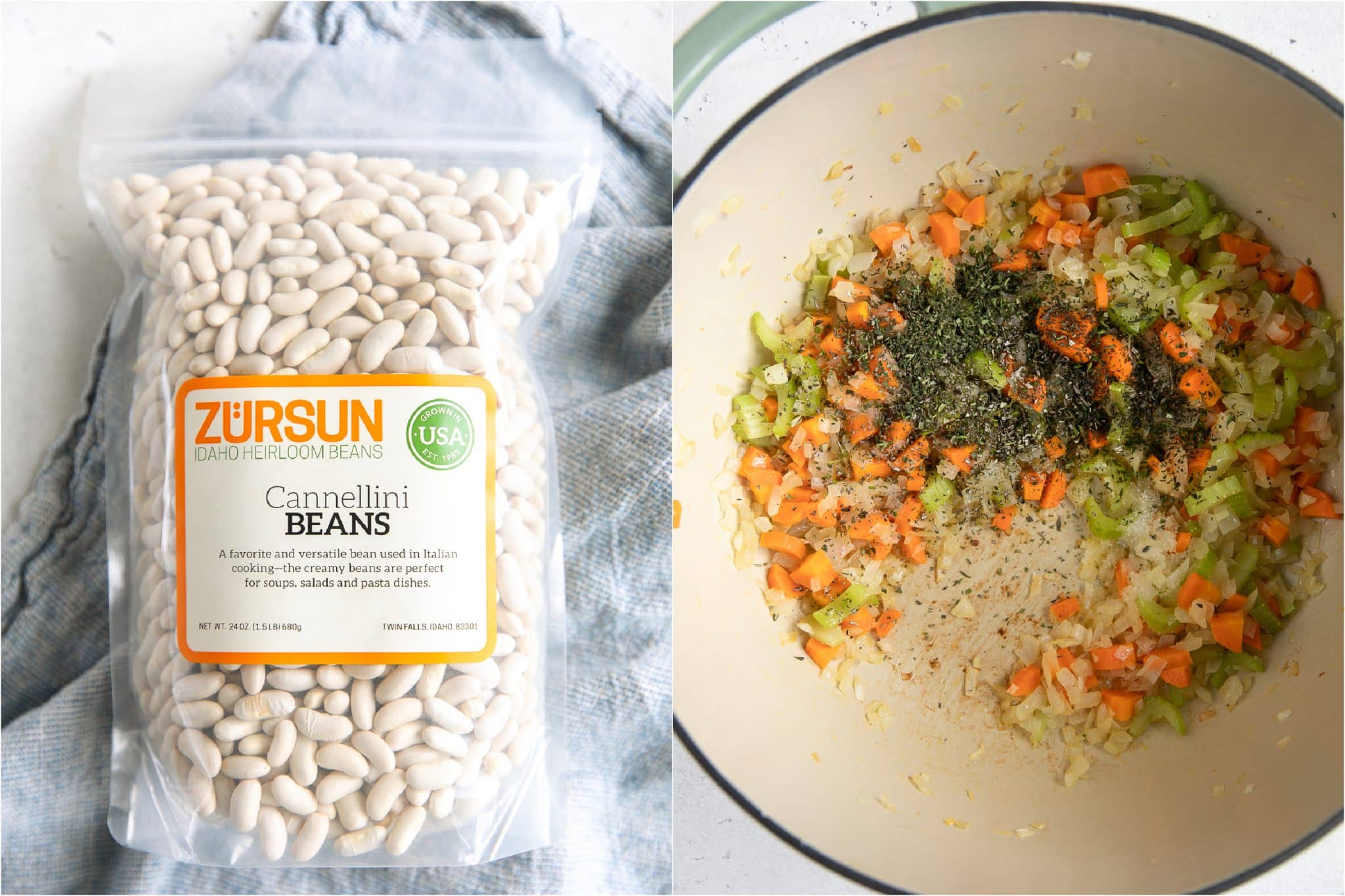 Two pictures side-by-side. The one on the left is an image of a bag of dried cannellini beans and the image on the right is of a large pot filled with cooking onions, carrots, and celery with minced rosemary and thyme.