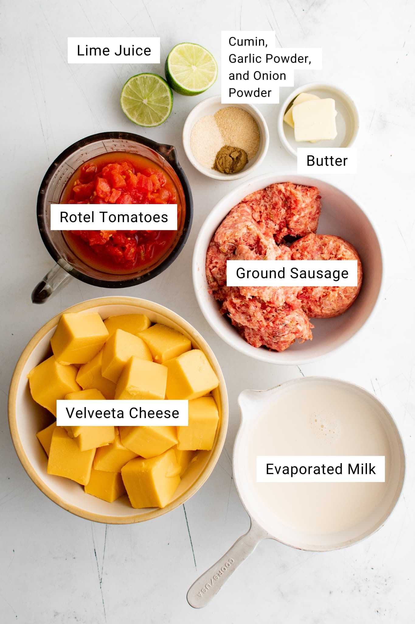 Overhead view of labeled ingredients for Velveeta Cheese Dip with Sausage, including a bowl of cubed Velveeta cheese, raw ground sausage, Rotel tomatoes, evaporated milk, butter, lime halves, and small bowls of cumin, garlic powder, and onion powder.