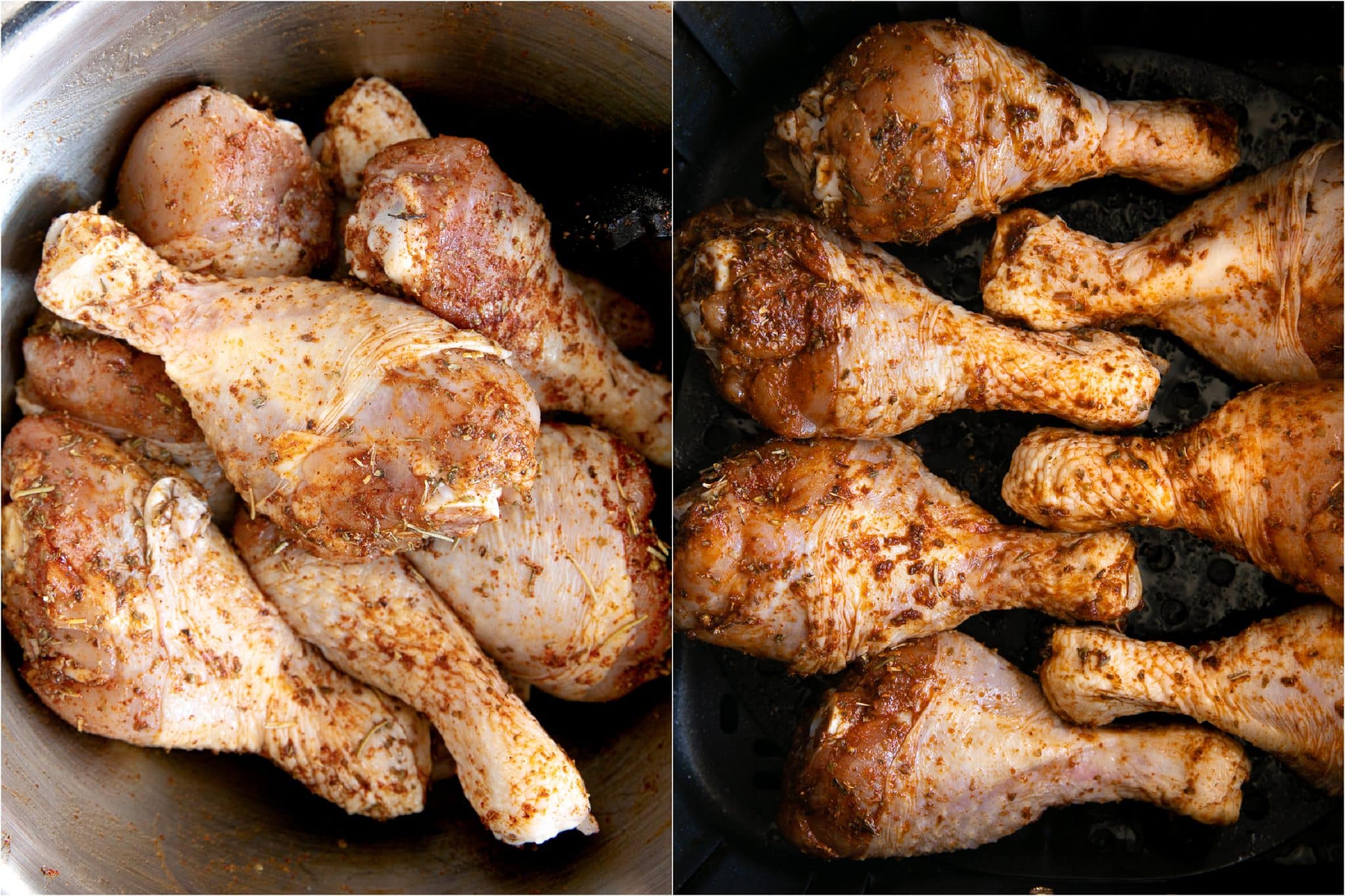 Two images of seasoned raw chicken legs; the image to the right the chicken is in a large bowl and on the left the chicken is in an air fryer basket.