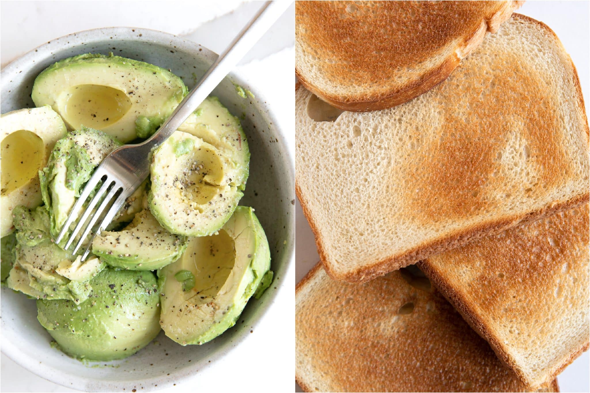 Two images one with smashed avocado mixed with lemon juice and black pepper and the other image showing four pieces of toasted bread.
