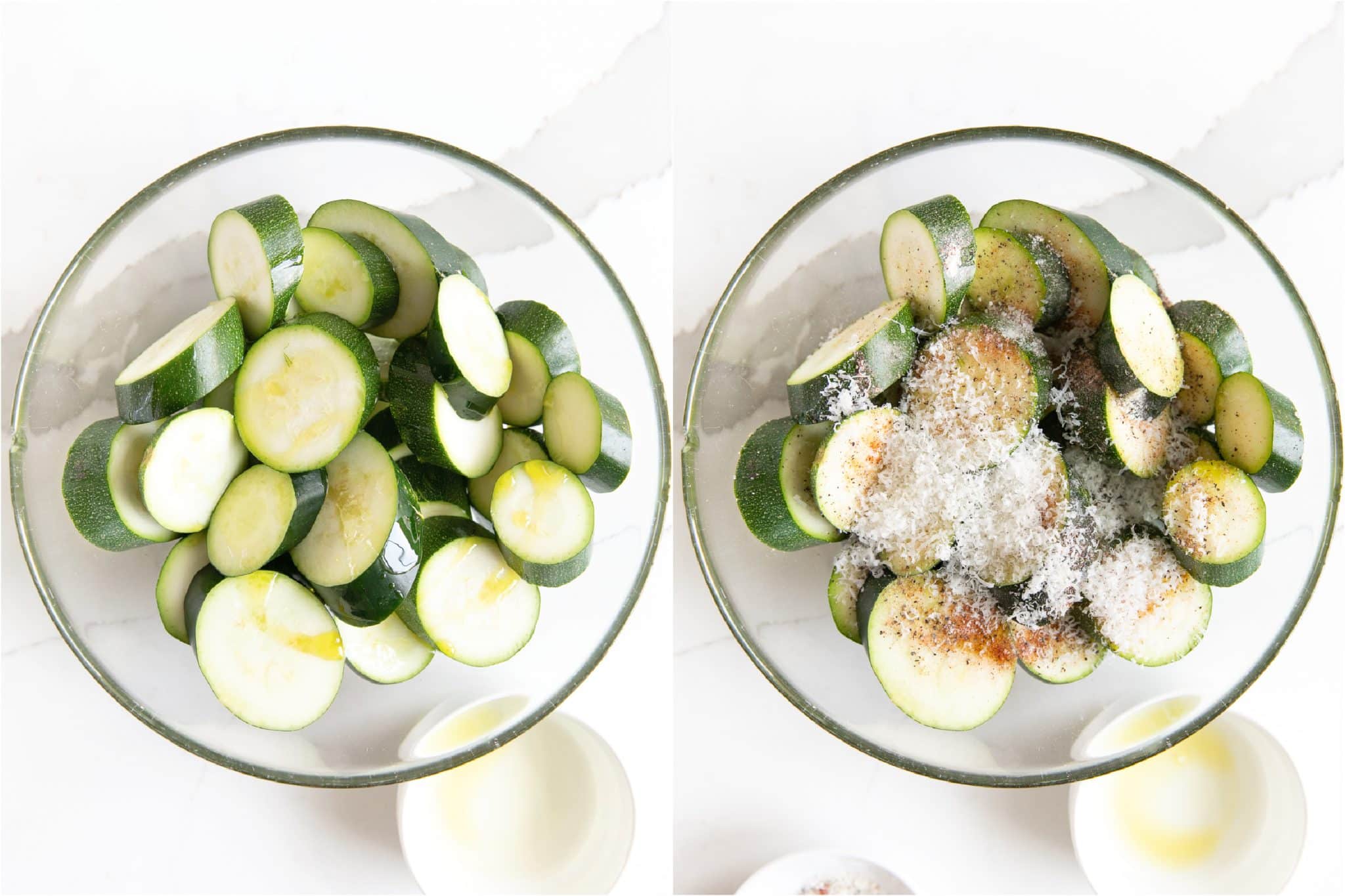Bowl filled with sliced zucchini drizzled with olive oil and second image of a bowl filled with sliced zucchini drizzled with olive oil, seasoning, and grated parmesan cheese.