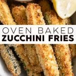 Crispy oven baked zucchini fries coated in golden breadcrumbs, served with a creamy dipping sauce and lemon wedges on the side.