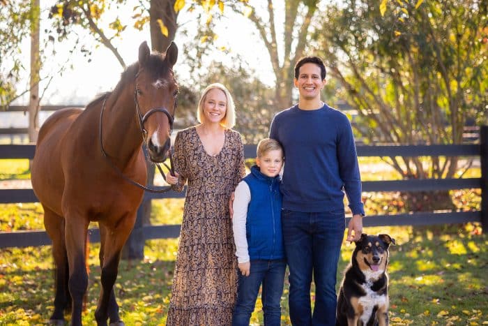 Jessica with her son, husband, horse and dog