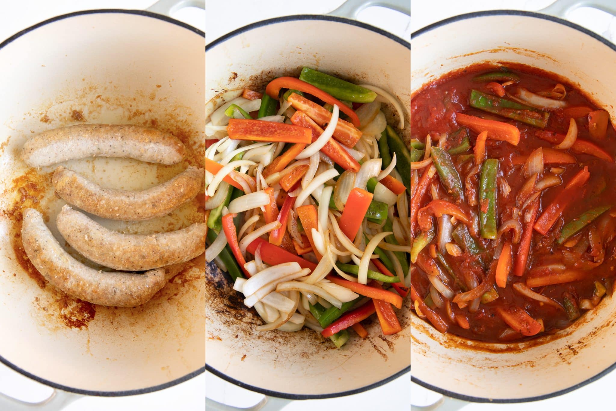 Three images showing how to make sausage and peppers in a large Dutch oven.