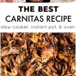 Collage showing the process of making carnitas: raw pork shoulder and seasonings, marinated pork with bay leaves and onions, finished carnitas taco with toppings, and a close-up of crispy shredded carnitas with caramelized onions.