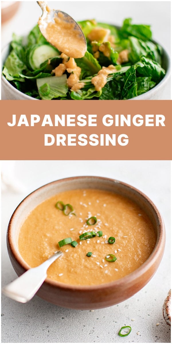 Bowl of Japanese ginger dressing with spoon, labeled Japanese Ginger Dressing.