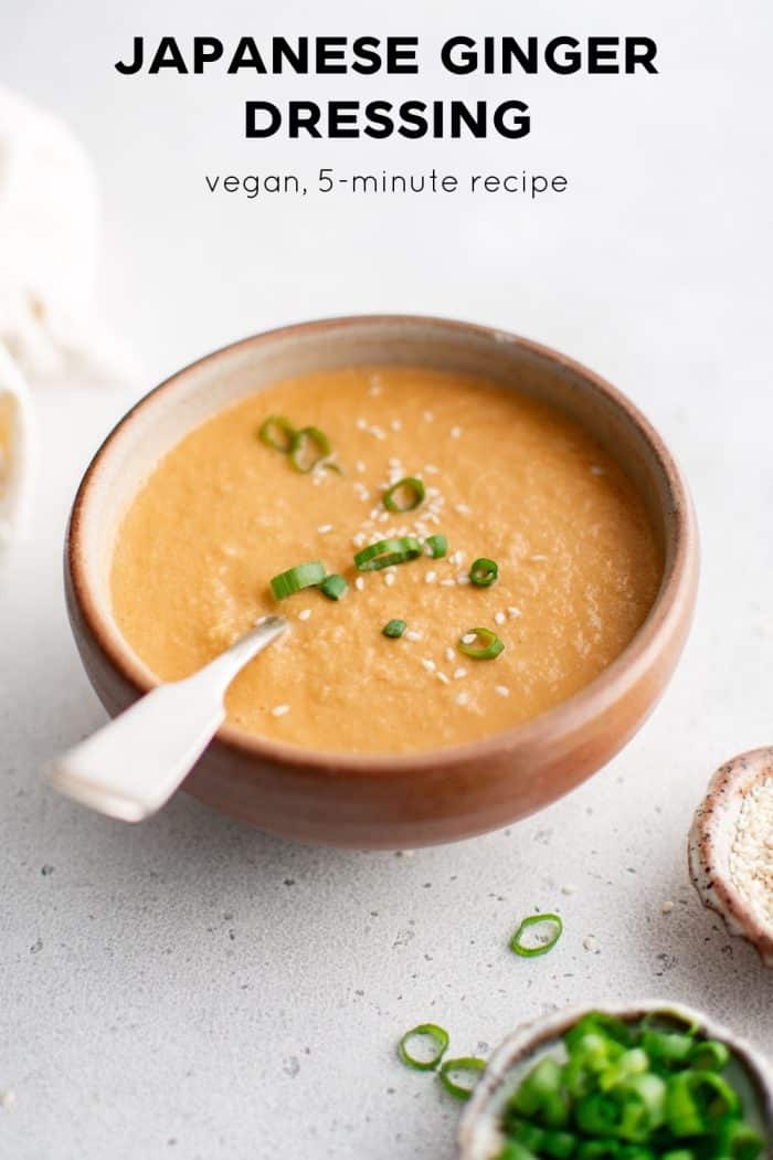 Bowl of Japanese ginger dressing with spoon, labeled vegan and ready in 5 minutes.