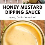 Overhead view of glass jar filled with creamy honey mustard sauce. A spoon is raised slightly out of the sauce, showcasing its thick, dip-ready texture.