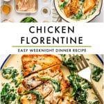 Vertical Pinterest pin collage for Chicken Florentine on a white background. The top row shows two side-by-side images: an overhead ingredient photo with raw chicken and surrounding ingredients, and a skillet photo of finished Chicken Florentine in a cream-colored pan. In the center, large black uppercase text reads โCHICKEN FLORENTINEโ with smaller black uppercase text below reading โEASY WEEKNIGHT DINNER RECIPE,โ separated by a thin olive-green line. The bottom half shows a plated serving of sliced Chicken Florentine in a cream-colored bowl with a dark blue rim, creamy spinach sauce, and a gold fork. Small black text at the bottom reads โtheforkedspoon.com.โ
