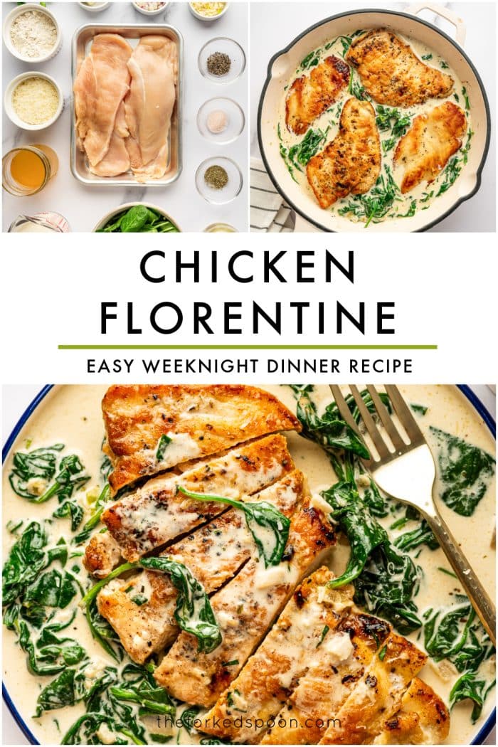 Vertical Pinterest pin collage for Chicken Florentine on a white background. The top row shows two side-by-side images: an overhead ingredient photo with raw chicken and surrounding ingredients, and a skillet photo of finished Chicken Florentine in a cream-colored pan. In the center, large black uppercase text reads “CHICKEN FLORENTINE” with smaller black uppercase text below reading “EASY WEEKNIGHT DINNER RECIPE,” separated by a thin olive-green line. The bottom half shows a plated serving of sliced Chicken Florentine in a cream-colored bowl with a dark blue rim, creamy spinach sauce, and a gold fork. Small black text at the bottom reads “theforkedspoon.com.”