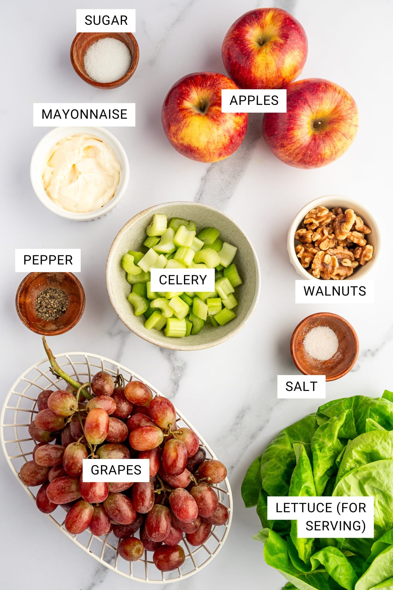 Overhead image of Waldorf salad ingredients arranged on a white marble surface with white text overlay labels reading SUGAR, APPLES, MAYONNAISE, PEPPER, CELERY, WALNUTS, SALT, GRAPES, and LETTUCE (FOR SERVING), showing whole red apples, a bowl of mayonnaise, chopped celery in a green bowl, walnuts in a small bowl, salt and pepper in wooden bowls, red grapes in a white wire basket, and butter lettuce at the lower right.