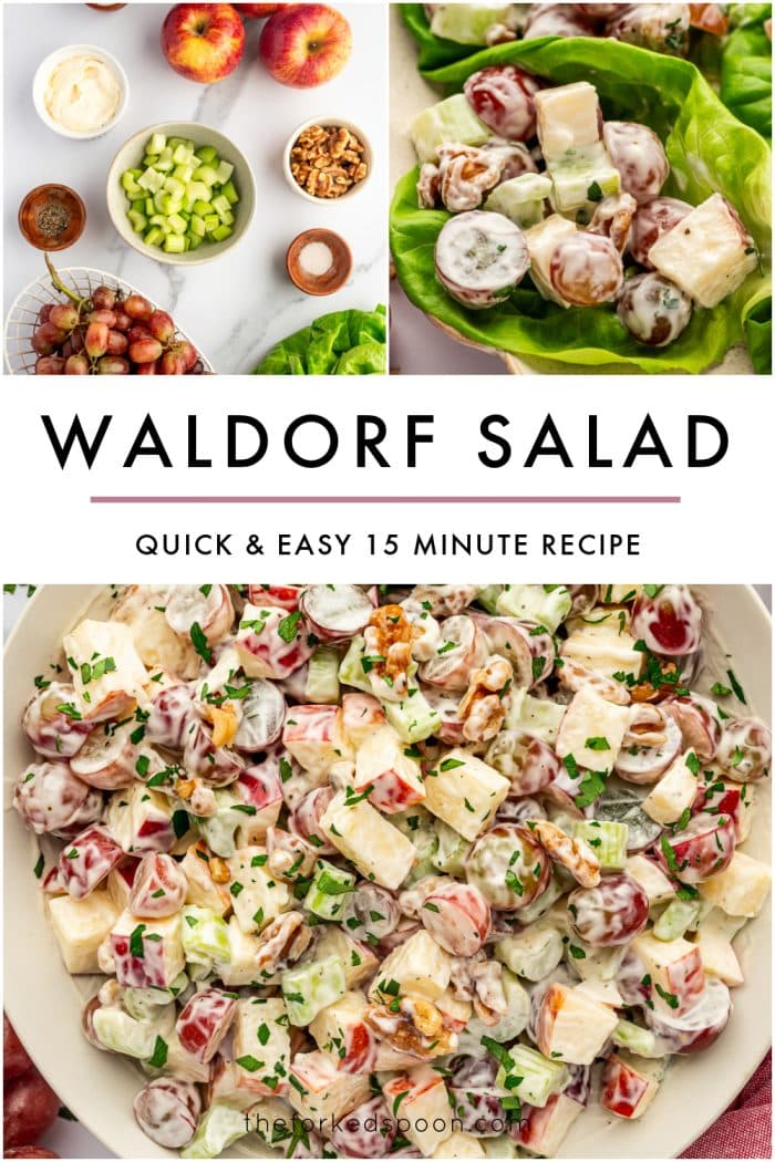 Vertical Pinterest graphic for Waldorf salad on a light gray background with a collage of three food images. The top left image shows Waldorf salad ingredients arranged on a white marble surface, including apples, mayonnaise, celery, walnuts, pepper, grapes, salt, and lettuce. The top right image shows creamy Waldorf salad served in a bright green lettuce leaf. The bottom image shows a light beige bowl filled with creamy Waldorf salad made with chopped apples, red grapes, celery, and walnuts, garnished with chopped green parsley. Large black text in the center reads “WALDORF SALAD” with smaller black text below reading “QUICK & EASY 15 MINUTE RECIPE,” separated by a muted pink line. Small black text at the bottom reads “theforkedspoon.com.”