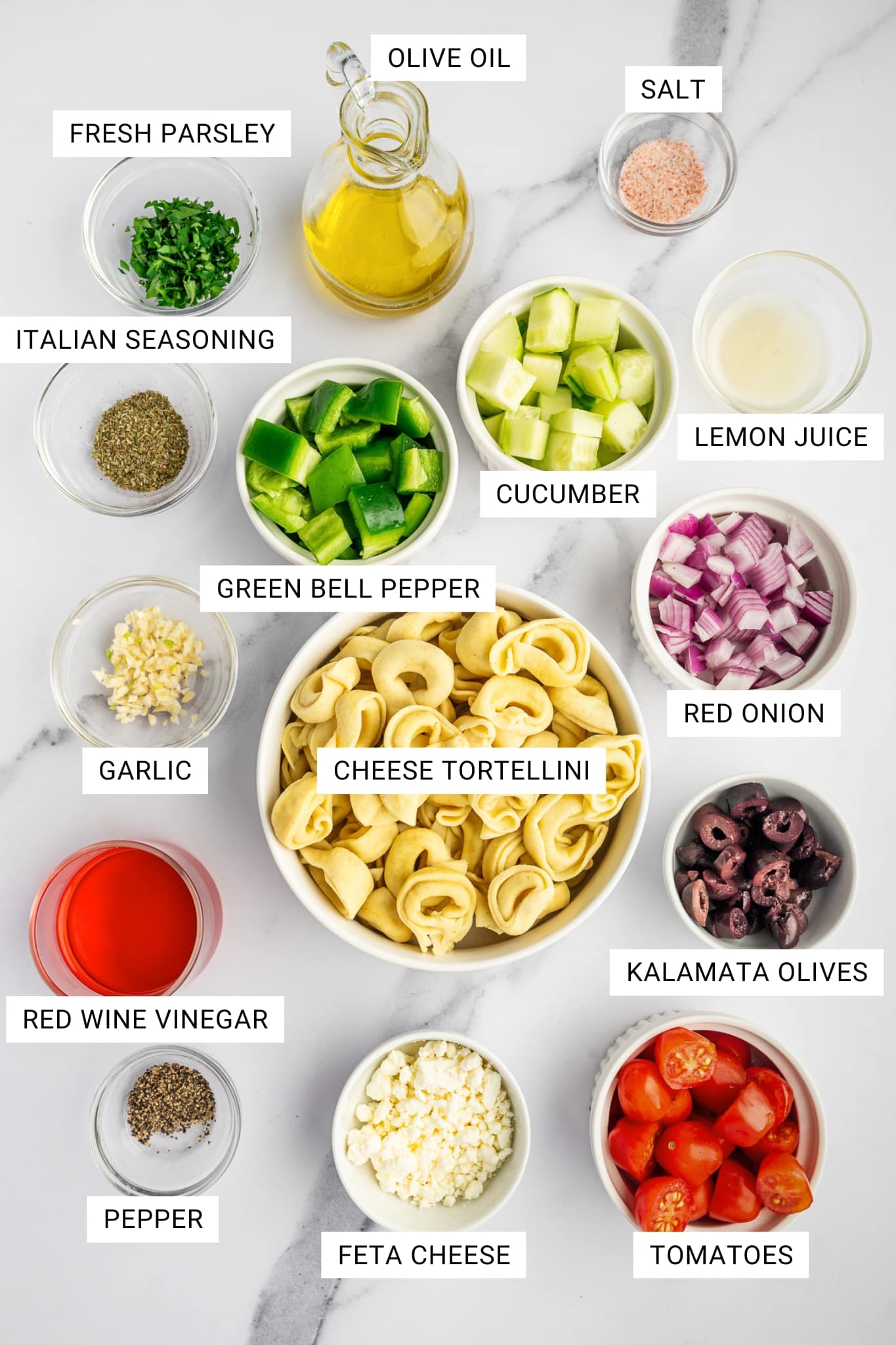 Overhead image of tortellini pasta salad ingredients arranged on a white marble surface with text labels. The ingredients include cheese tortellini in a white bowl, chopped cucumber, green bell pepper, red onion, halved tomatoes, kalamata olives, feta cheese, garlic, pepper, red wine vinegar, Italian seasoning, fresh parsley, olive oil, lemon juice, and salt.