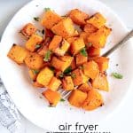 Pinterest Pin image for Air Fryer Butternut Squash recipe with one image and text overlay.