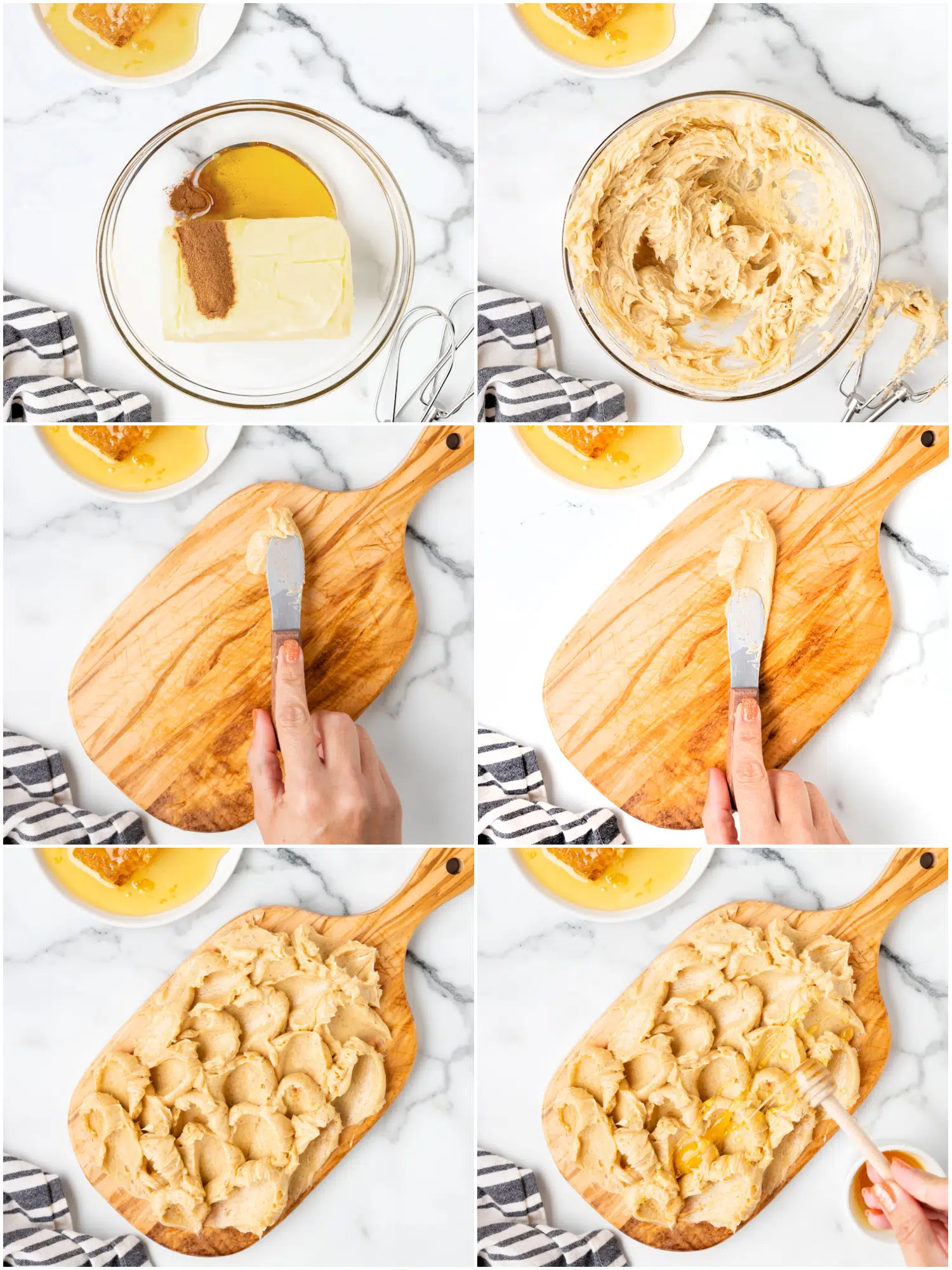 Collage of six images showing the step-by-step process to make a cinnamon honey butter board.