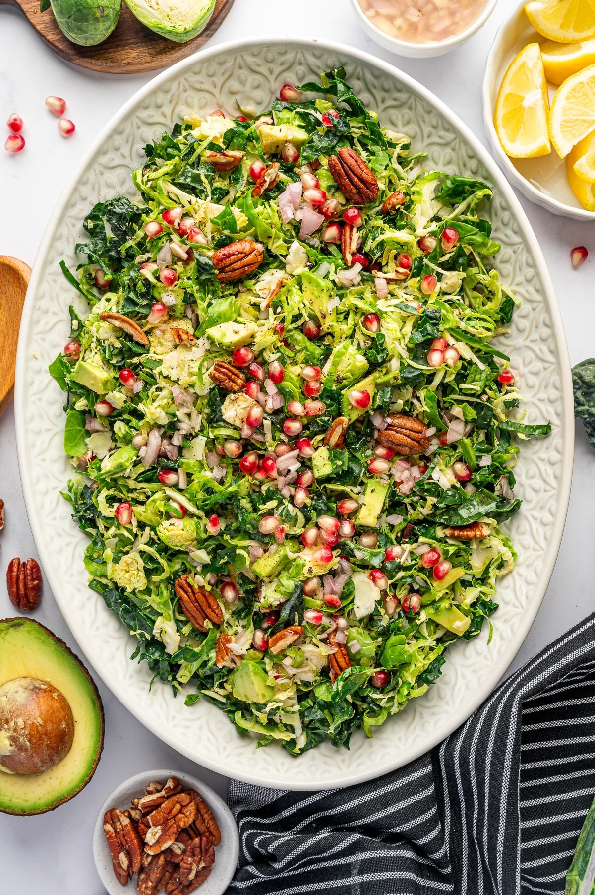 Plated shaved Brussels sprout salad close-up