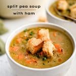 Pinterest Pin Image for split pea soup recipe with one image and text overlay.
