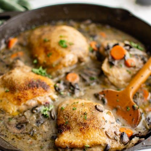 Large cast iron skillet filled with four large browned chicken thighs braised in a herb and white wine sauce filled with carrots, onions, and mushrooms.
