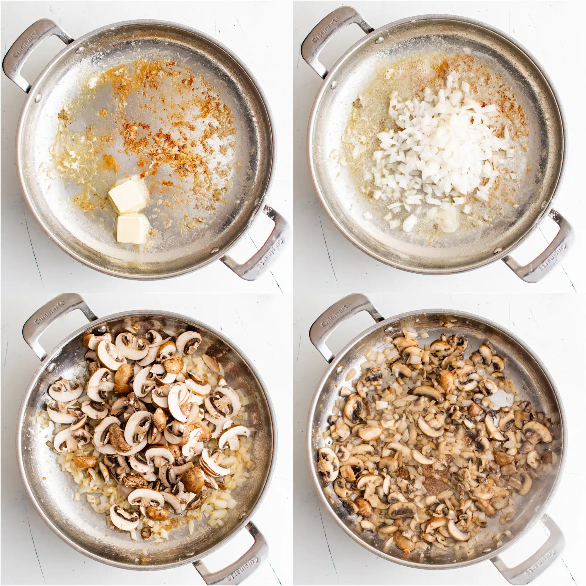Collage of four images; the first image shows butter melting in a large stainless steel pan; image two shows diced onion added to a stainless steel pan with melted butter; image four shows sliced mushrooms added to a stainless steel pan with softened onions; image four shows a stainless steel plan filled with cooked onions and mushrooms.