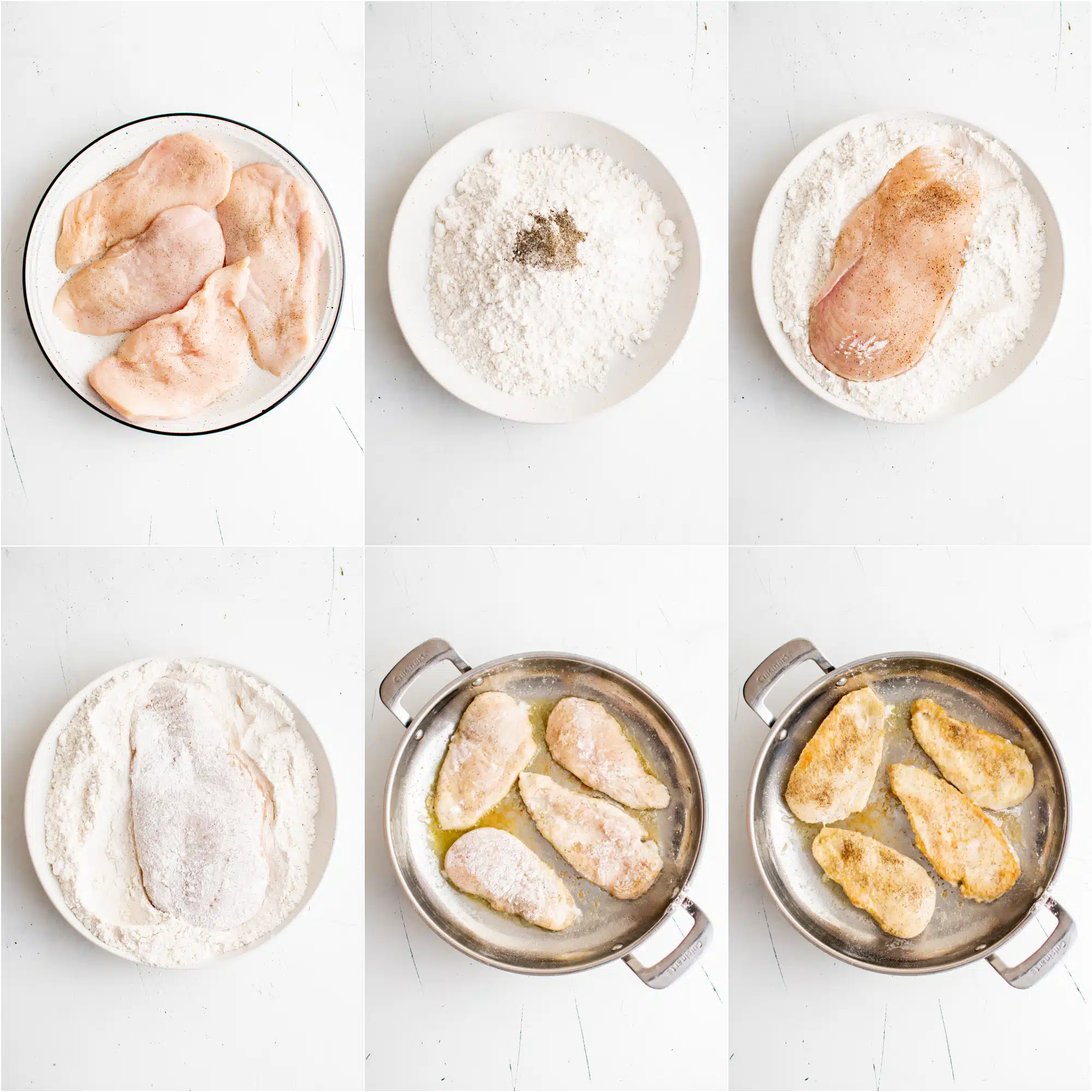Collage with six images: image one shows a plate with four thinly sliced chicken breasts; image two shows a plate with flour and seasoning; image three shows one chicken breast placed on top of the plate that has the flour and seasoning mixture; image four shows one chicken breast covered completely in flour; image five shows four dredged chicken breasts cooking in a large stainless steel plan; image six shows four seared chicken breasts in a stainless steel pan.