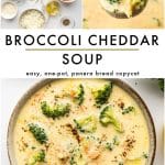 Pinterest pin featuring a close up overhead bowl of creamy broccoli cheddar soup with bright green broccoli florets, small carrot bits, and cracked black pepper on top, with a white text box in the upper left that reads โBROCCOLI CHEDDAR SOUPโ and โone-pot, 30 minutes,โ and โthe forked spoonโ text at the bottom.