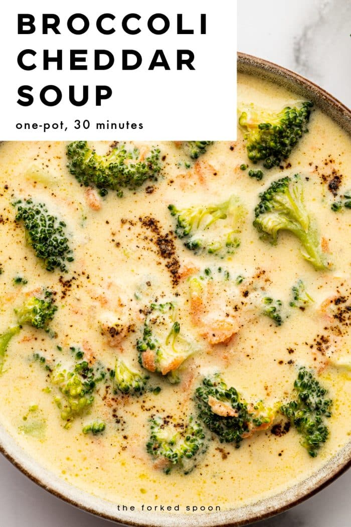 Pinterest pin featuring a close up overhead bowl of creamy broccoli cheddar soup with bright green broccoli florets, small carrot bits, and cracked black pepper on top, with a white text box in the upper left that reads “BROCCOLI CHEDDAR SOUP” and “one-pot, 30 minutes,” and “the forked spoon” text at the bottom.