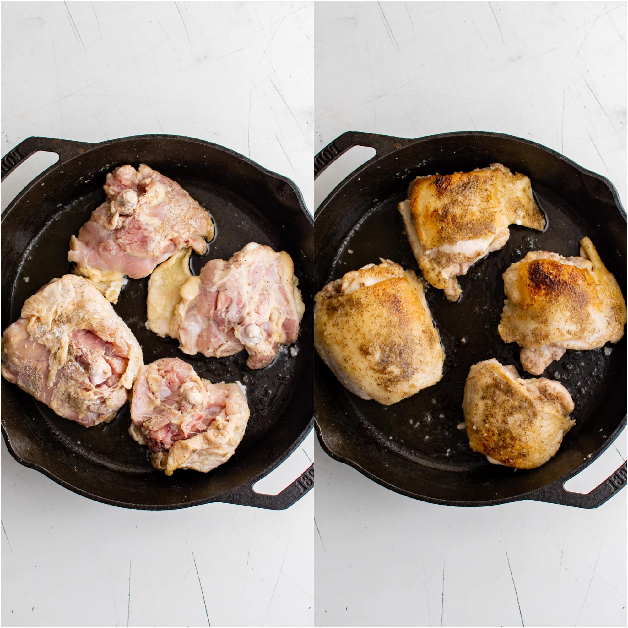 Two images: In the first image four raw chicken thighs are added skin-side-down to a large cast iron pan; in the second image four browned chicken thighs a resting in a large cast iron pan.