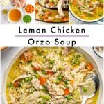 Brothy soup with chicken, orzo, and carrots, labeled โLemon Chicken Orzo Soup.โ