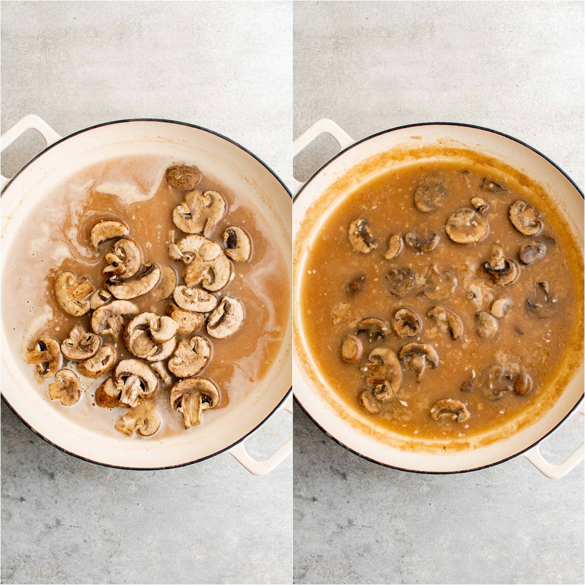 Two images: the first image shows sliced mushrooms just added to a pot filled with simmering marsala broth; the second image shows a large pot filled with mushrooms that have been simmering a marsala broth for 10 minutes.