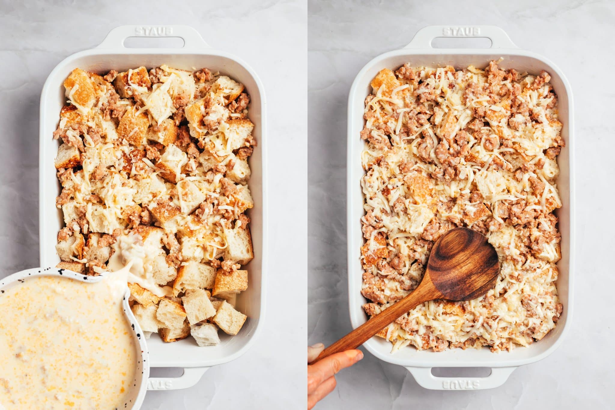 Two photographs showing the assembly of a sausage breakfast casserole in a white rectangular baking dish. In the first, a creamy egg and milk mixture is being poured over cubes of sourdough bread, cooked sausage, and shredded cheese. In the second, a wooden spoon is used to spread the ingredients evenly and press the bread into the mixture.