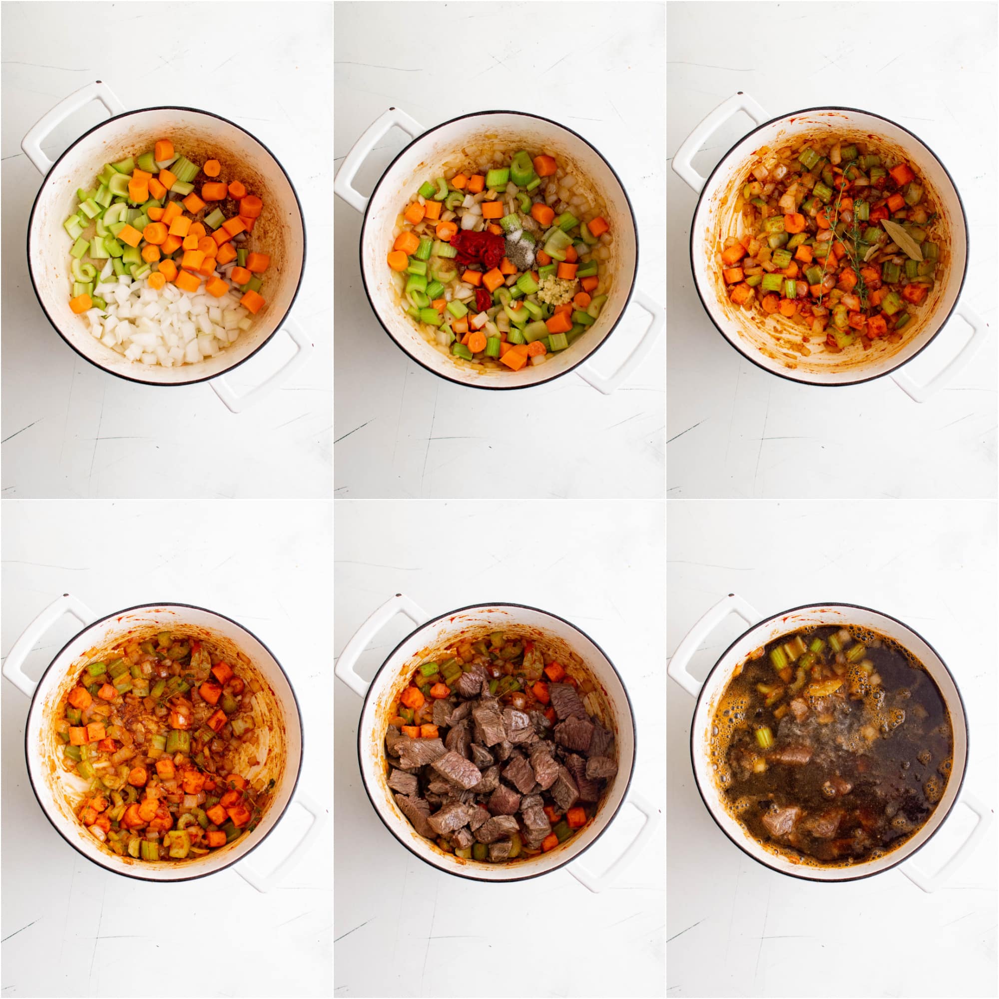 Six images in a collage showing how to make Guinness beef stew including softening vegetables, combining the vegetables with tomato paste and spices, returning the browned beef back to the pot, and adding the beef broth to the pot.