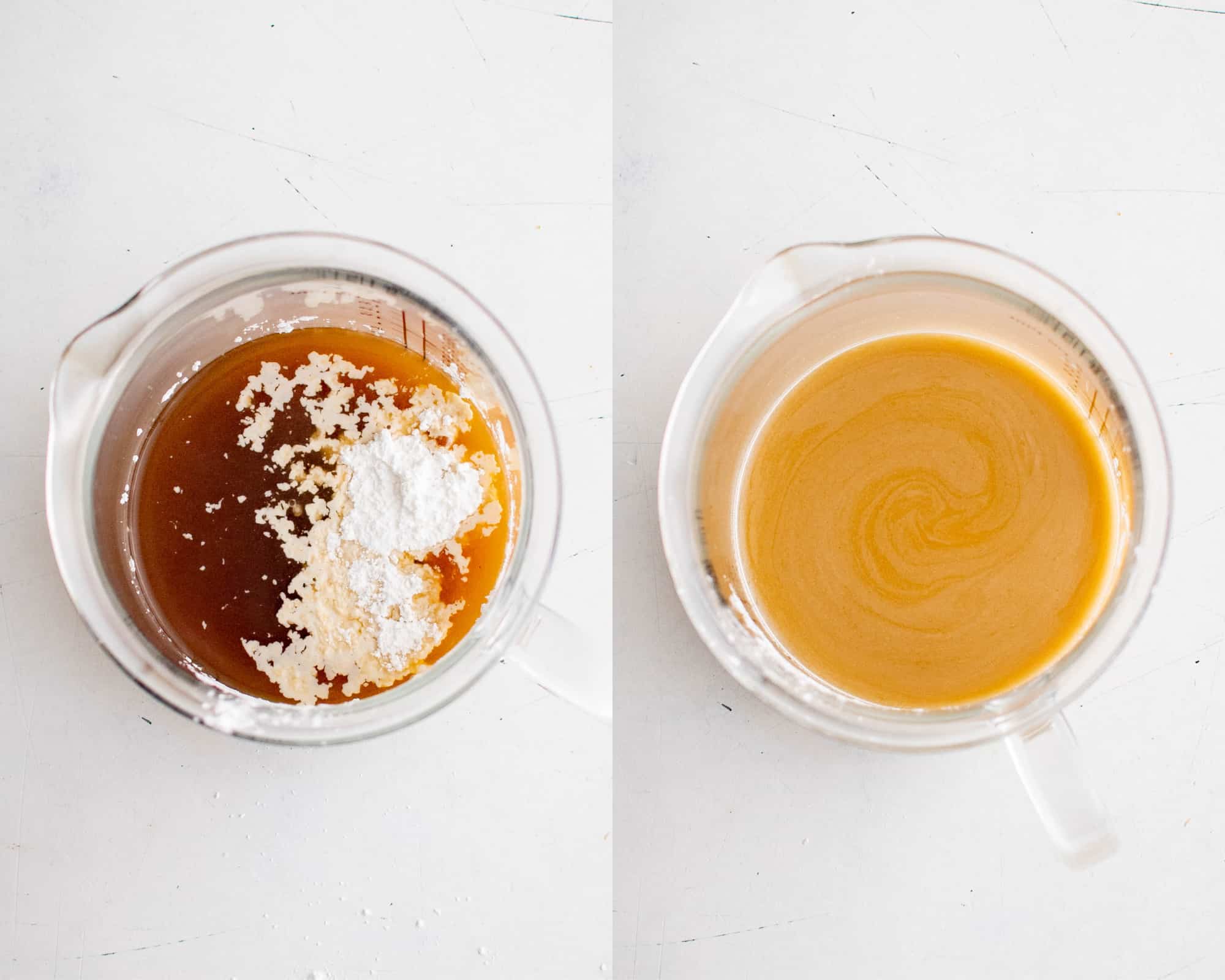 Two images side-by-side. The first image shows a small bowl with beef broth and cornstarch, the second image shows beef broth and cornstarch mixed together to make a cornstarch slurry.