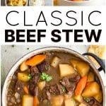 Overhead view of classic beef stew ingredients including chopped carrots, potatoes, onions, beef, broth, and seasonings, followed by a bowl of hearty beef stew filled with tender beef, potatoes, and carrots in a rich brown broth, garnished with parsley.