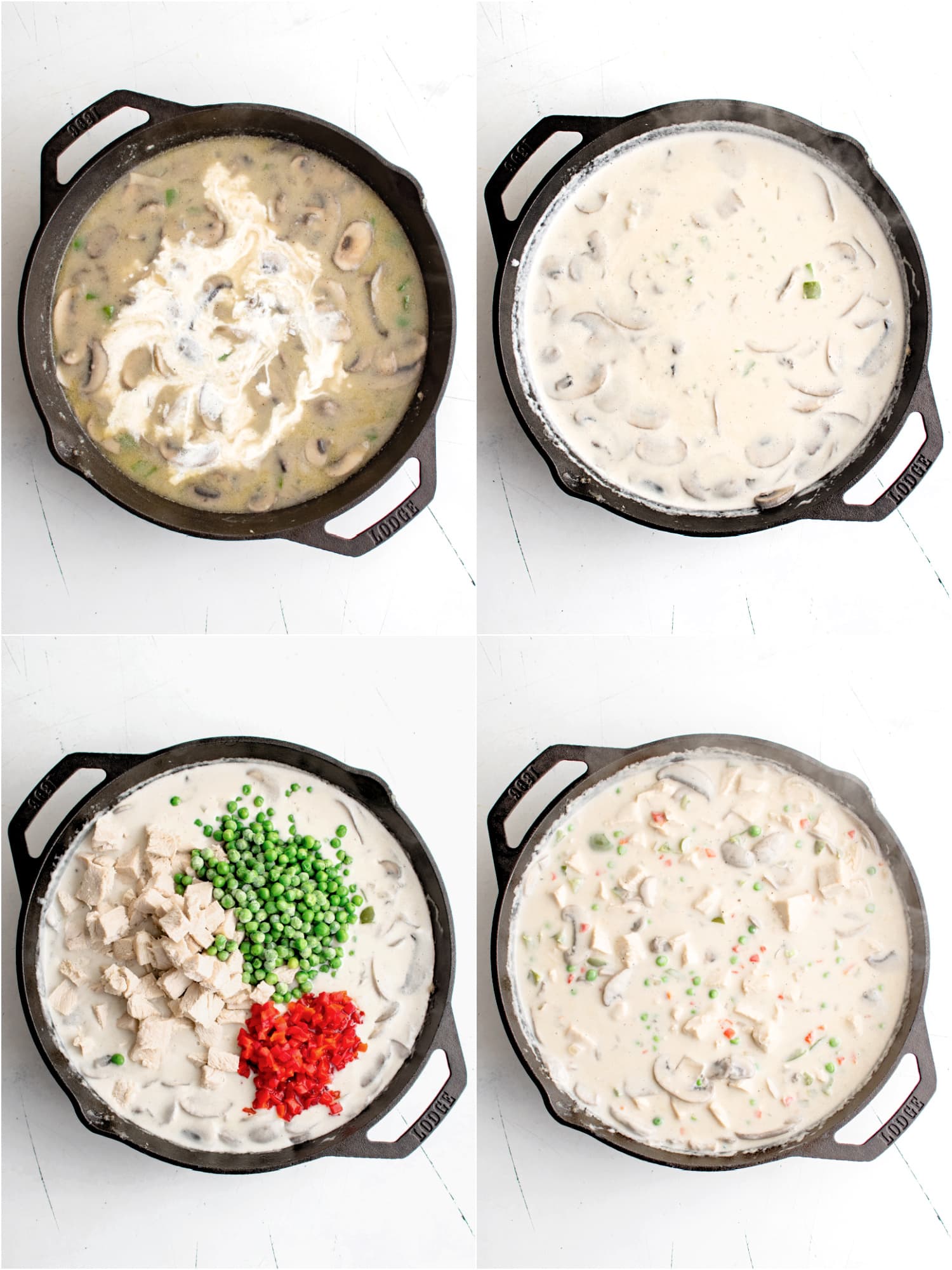 Four images in a collage. First image showing chicken broth and cream added to vegetables in a cast iron skillet; simmering cream sauce for Chicken a la King; frozen peas, cooked cubed chicken, and pimentos added to simmering cream sauce; chicken a la king simming in a large cast iron skillet.
