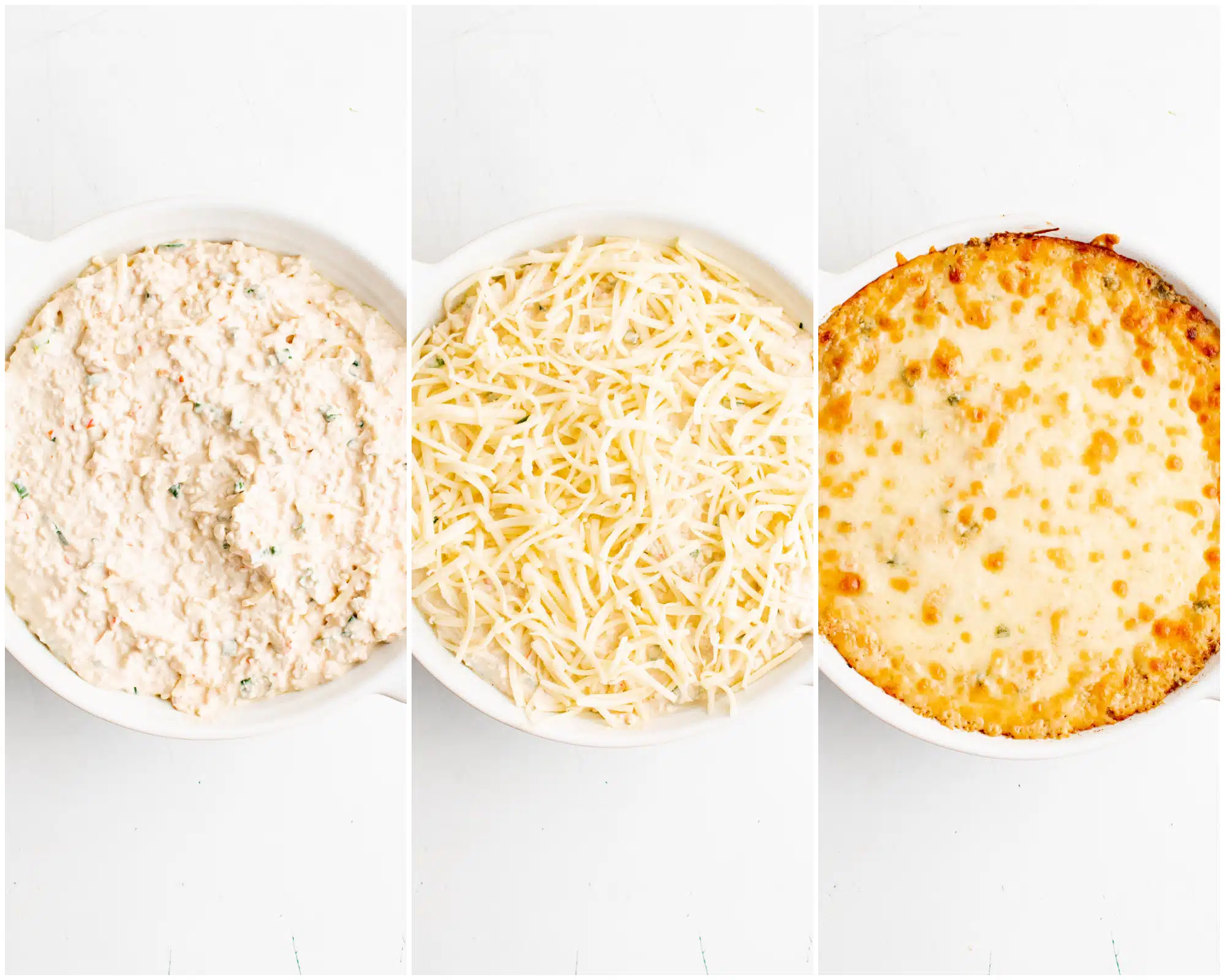 Three images in a collage showing steps in making crab rangoon dip: The first image shows prepared crab dip mixture in a round baking dish; the second image shows the crab mixture in a round baking dish topped with shredded Monterey Jack cheese; and the last image shows the hot and cheesy baked crab rangoon dip just out of the oven.