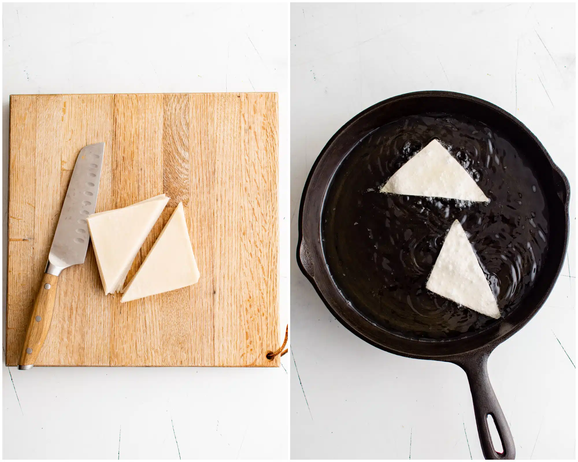 Two images: The first image shows premade square wonton wrappers cut in half to make triangles on a wooden cutting board the second image shows a cast iron pan filled with hot cooking oil and two wontons frying.