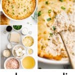 A Pinterest collage showing three images of crab rangoon dip: a golden baked dish topped with green onions, a close-up scoop of creamy dip, and a flat lay of labeled ingredients including crab, cream cheese, cheese, green onions, soy sauce, and wonton wrappers. Bold text overlay reads โcrab rangoon dip โ hot, cheesy, and perfect for sharing!โ