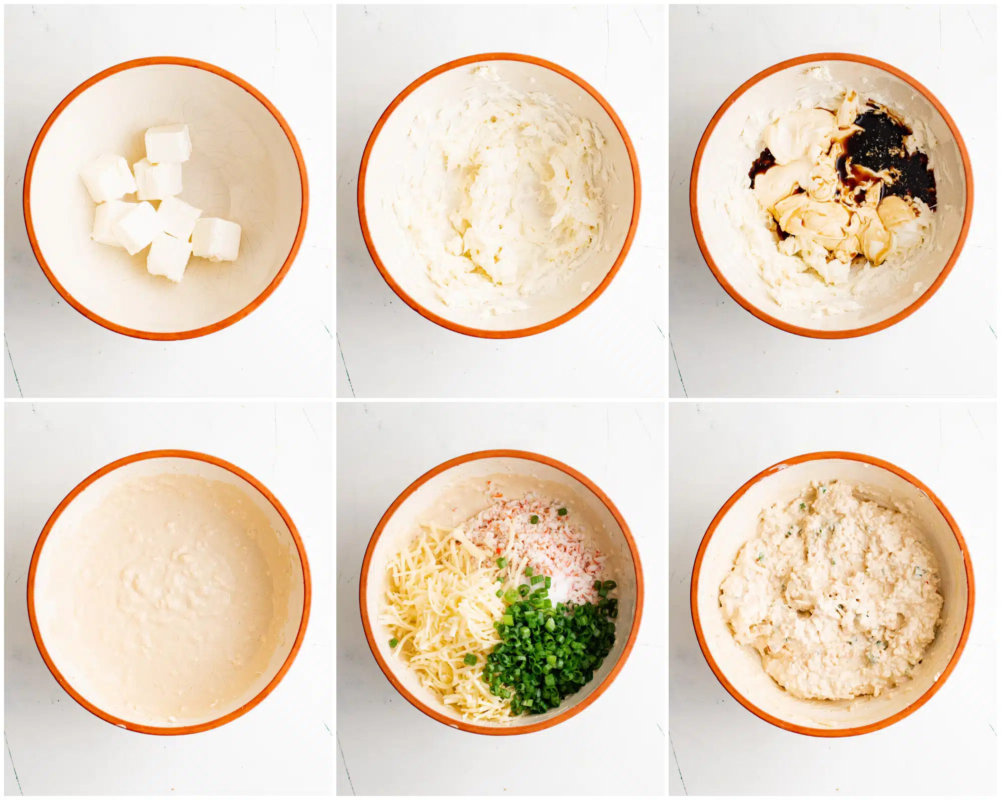 Sim images in a collage: The first image shows cubes of cream cheese in a bowl; the second image shows a white bowl with whipped cream cheese; the third image is of a bowl filled with whipped cream cheese, sour cream, mayonnaise, soy sauce, garlic and sugar; the fourth image shows the mixing bowl filled with cream cheese in a large bowl mixed with the sour cream, mayonnaise, soy sauce, garlic and sugar until fully combined; the fifth image shows crab, shredded cheese, and green onion added to the mixing bowl; the last image shows all of the ingredients for crab rangoon dip mixed together in a large mixing bowl.