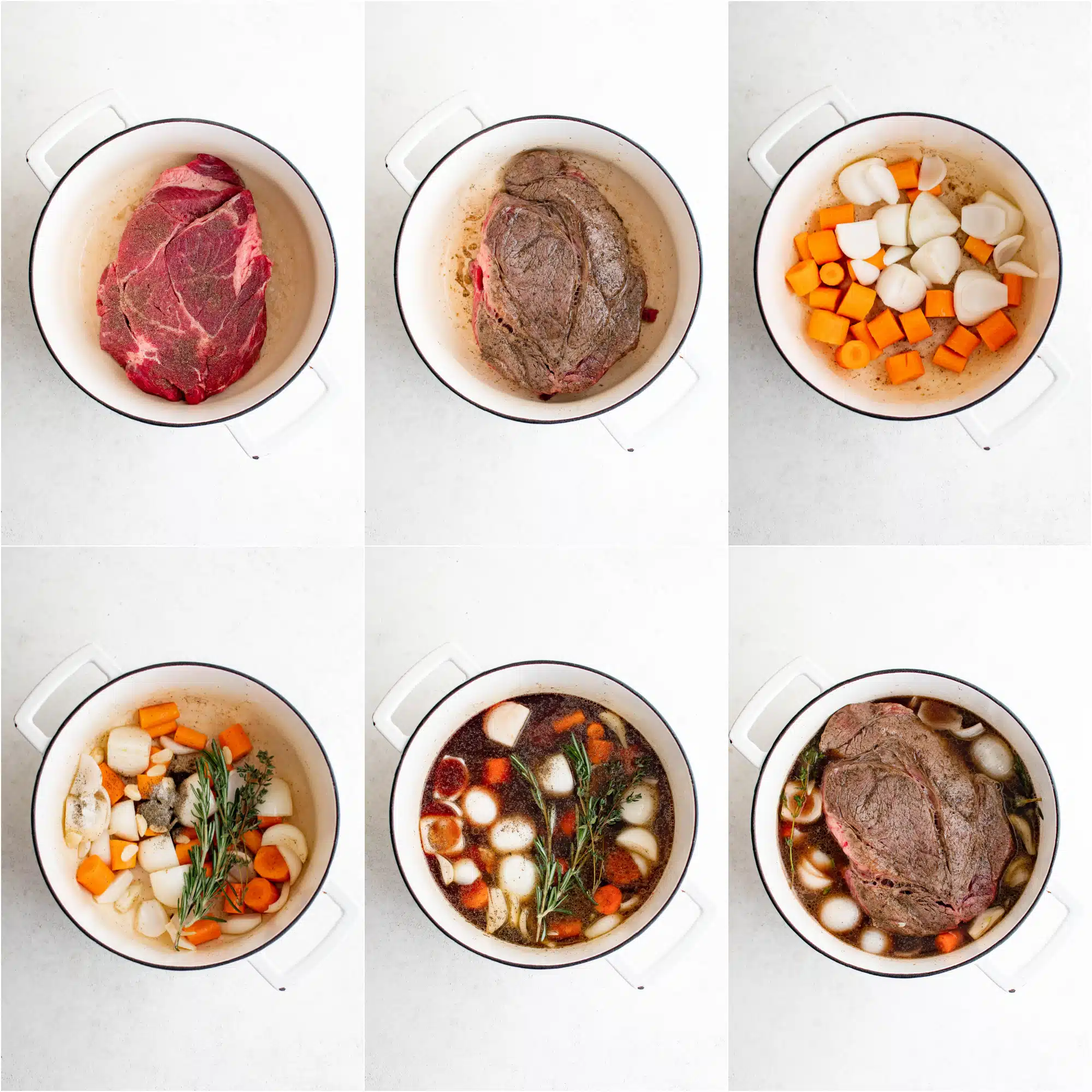 Collage of six images showing the steps in making Dutch oven pot roast: the first image shows a large uncooked beef chuck roast in a white Dutch oven; the second image shows a large seared beef chuck roast in a large Dutch oven; the third image shows a white Dutch oven filled with raw chopped carrots and onions; the fourth image shows a large white Dutch oven filled with cooking carrots and onions plus garlic, salt, pepper, and fresh herbs; the fifth image shows a large Dutch oven filled with carrots, onions, garlic, herbs, beef broth, and red wine; the sixth image shows a large white Dutch oven filled with vegetables, beef broth, red wine, and herbs with a large seared beef chuck roast placed in the center.