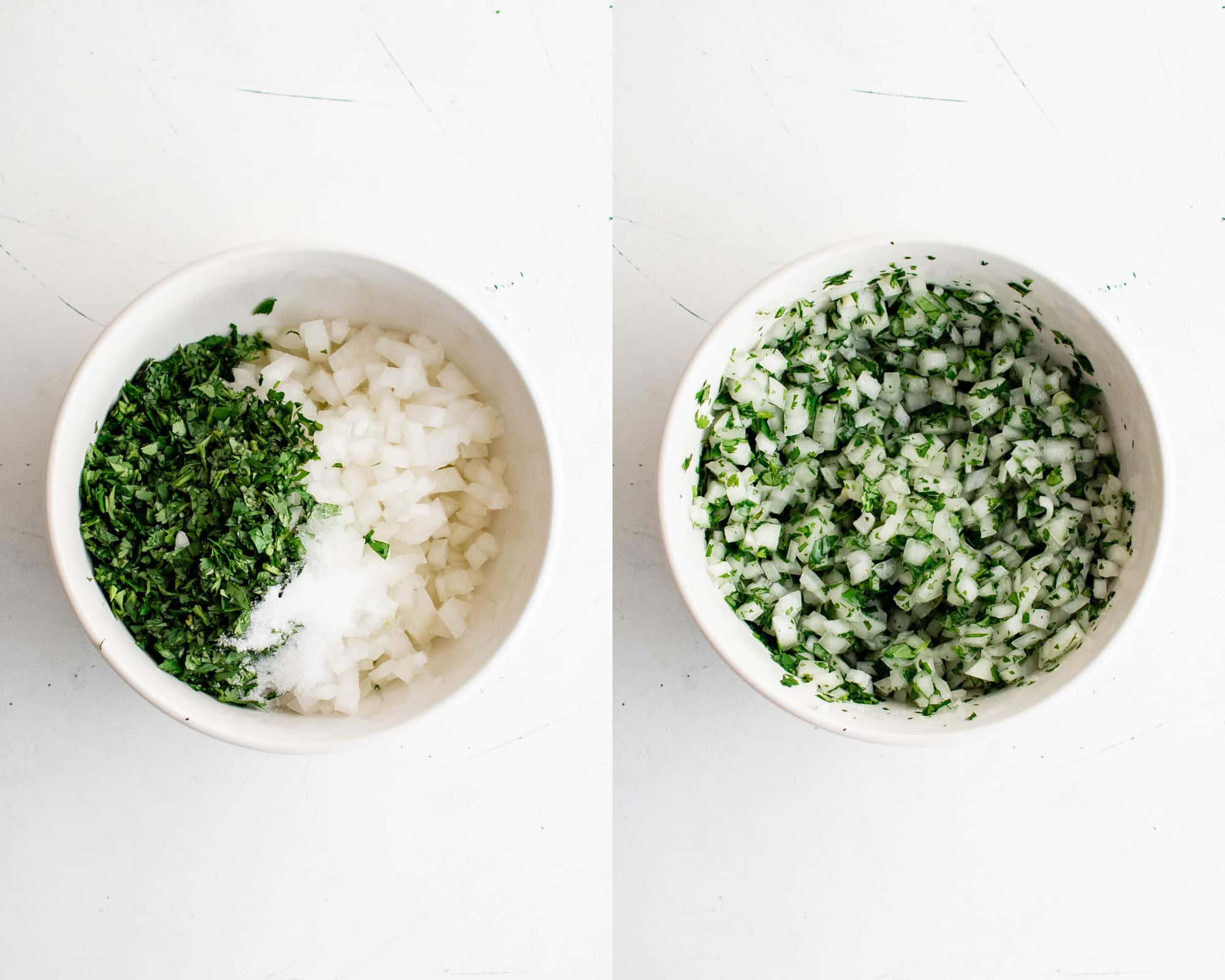Two images; the first image shows a bowl filled with diced white onion, chopped cilantro, lime juice, and salt; image two shows white onions, cilantro, lime juice, and salt mixed together.