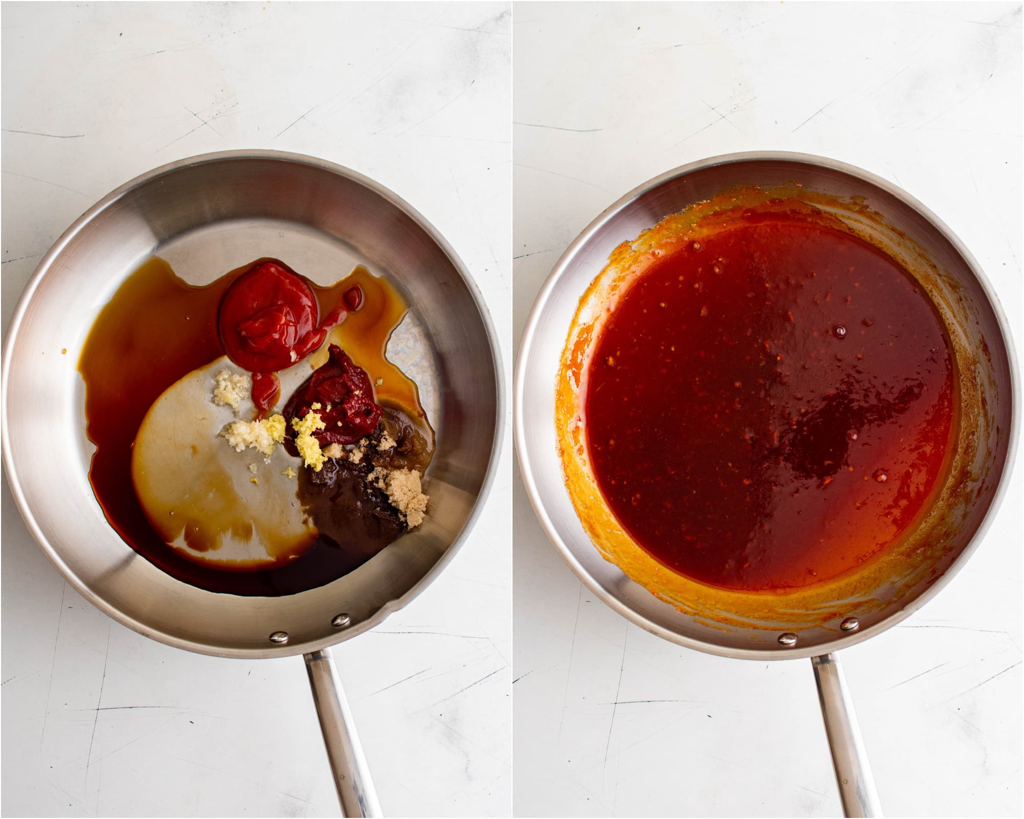 Two side-by-side images: the first image shows all of the ingredients for the homemade korean chili sauce in a large skillet; the second image shows a large skillet filled with thickened homemade korean chili sauce.