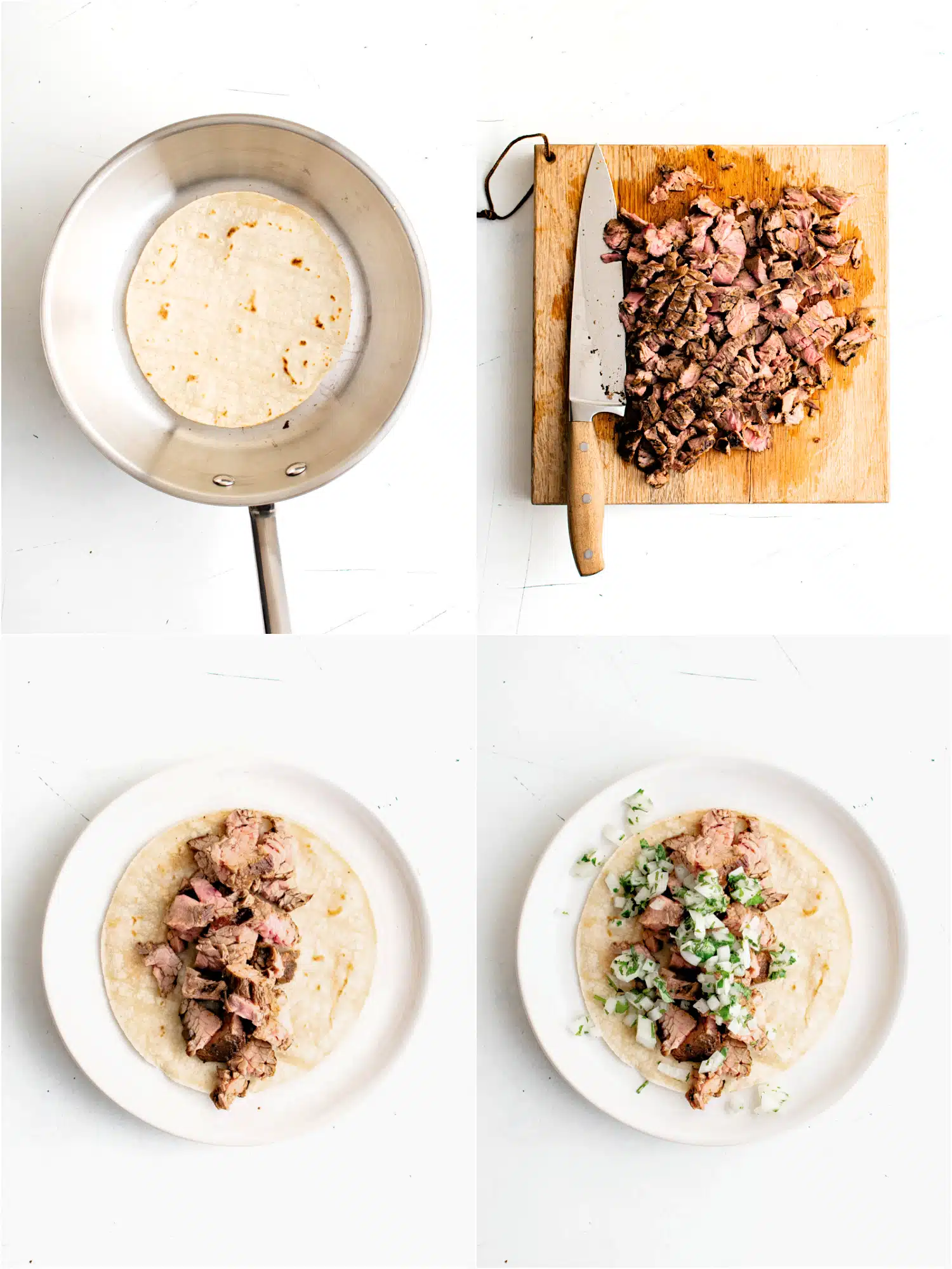 Four images in a collage. The first image shows a tortilla warming in a skillet; the second image shows a cutting board filled with chopped carne asada; the third image shows a warm corn tortilla on a white plate topped with carne asada; the fourth image shows a corn tortilla on a white plate topped with carne asada and homemade salsa.