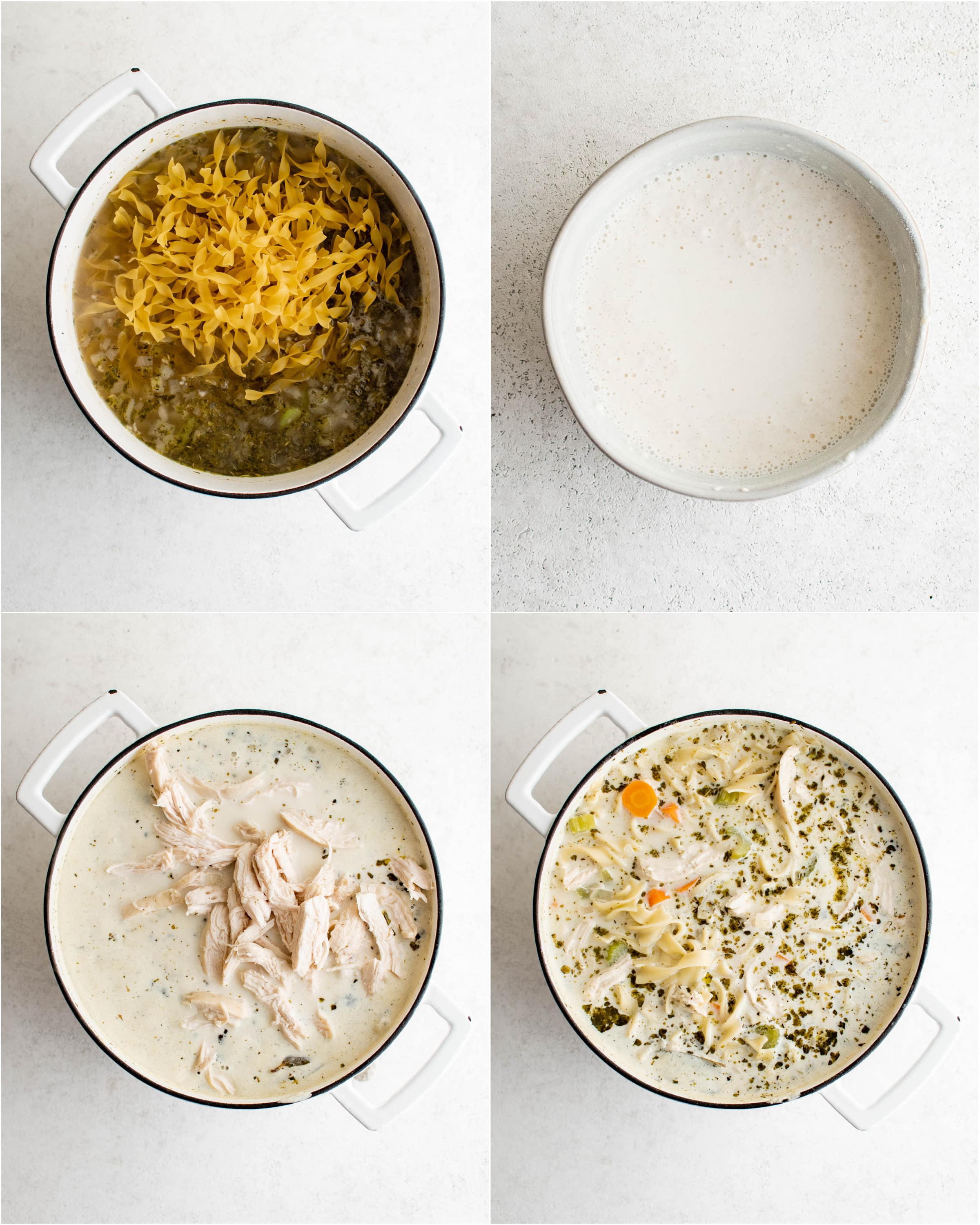 A collage of four images: The first image shows a large pot filled with simmering vegetables in chicken broth and uncooked egg noodles; the second image shows a white shallow bowl filled with mixed together half-and-half plus flour; the third image shows a large white pot of creamy noodle soup with shredded chicken breast adding back to the pot; the fourth image shows a pot of cooked and ready to serve creamy chicken noodle soup.
