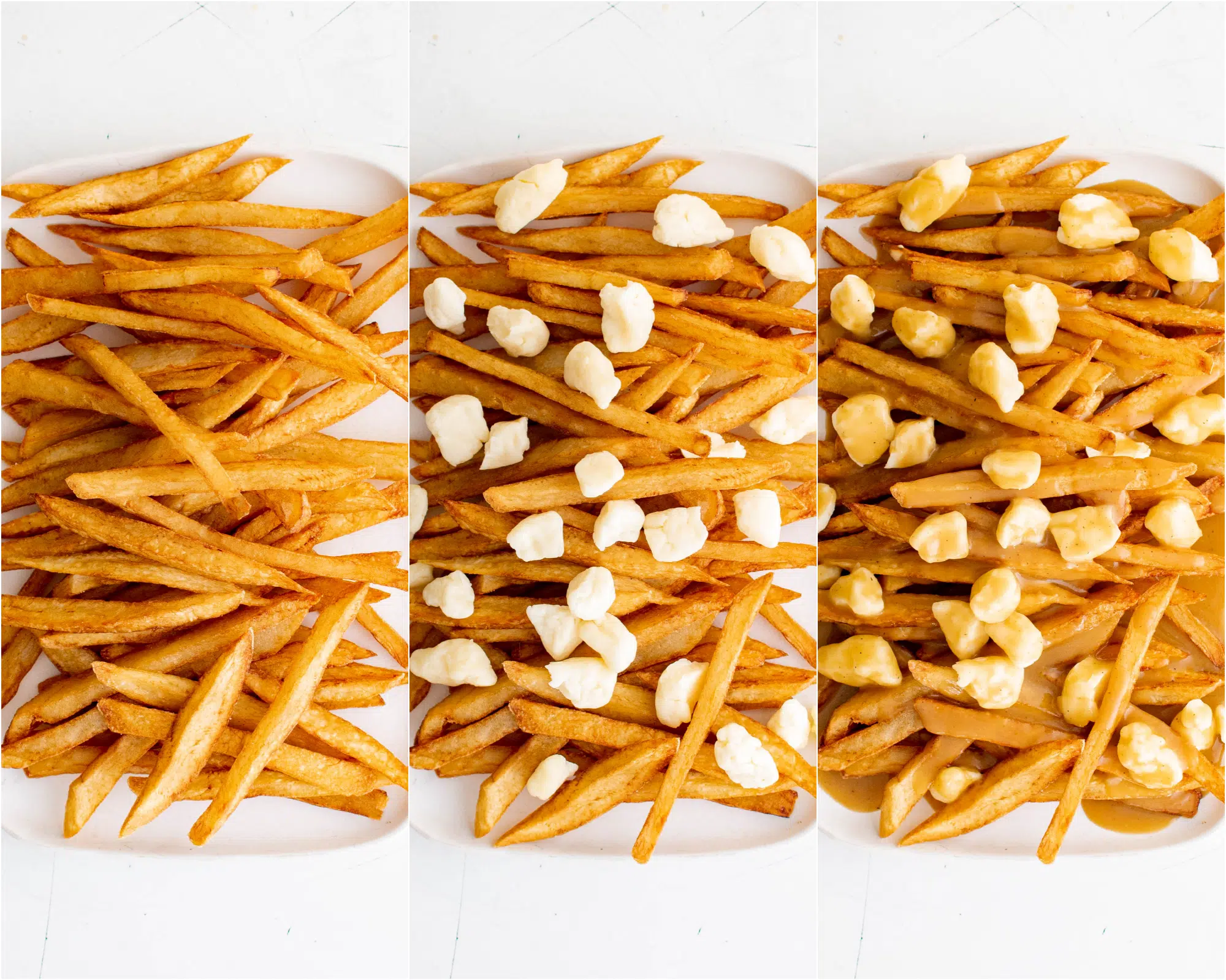 Collage of three images: the first image shows French fries on a white serving plate; the second image shows french fries topped with cheese curds on a white serving plate; the third image shows French fries on a white plate topped with cheese curds and homemade gravy.
