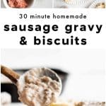 Step-by-step photo collage showing ingredients, finished sausage gravy, and biscuits topped with creamy sausage gravy.