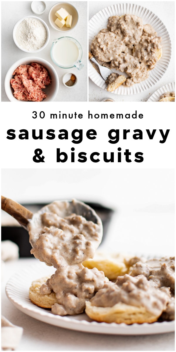 Step-by-step photo collage showing ingredients, finished sausage gravy, and biscuits topped with creamy sausage gravy.