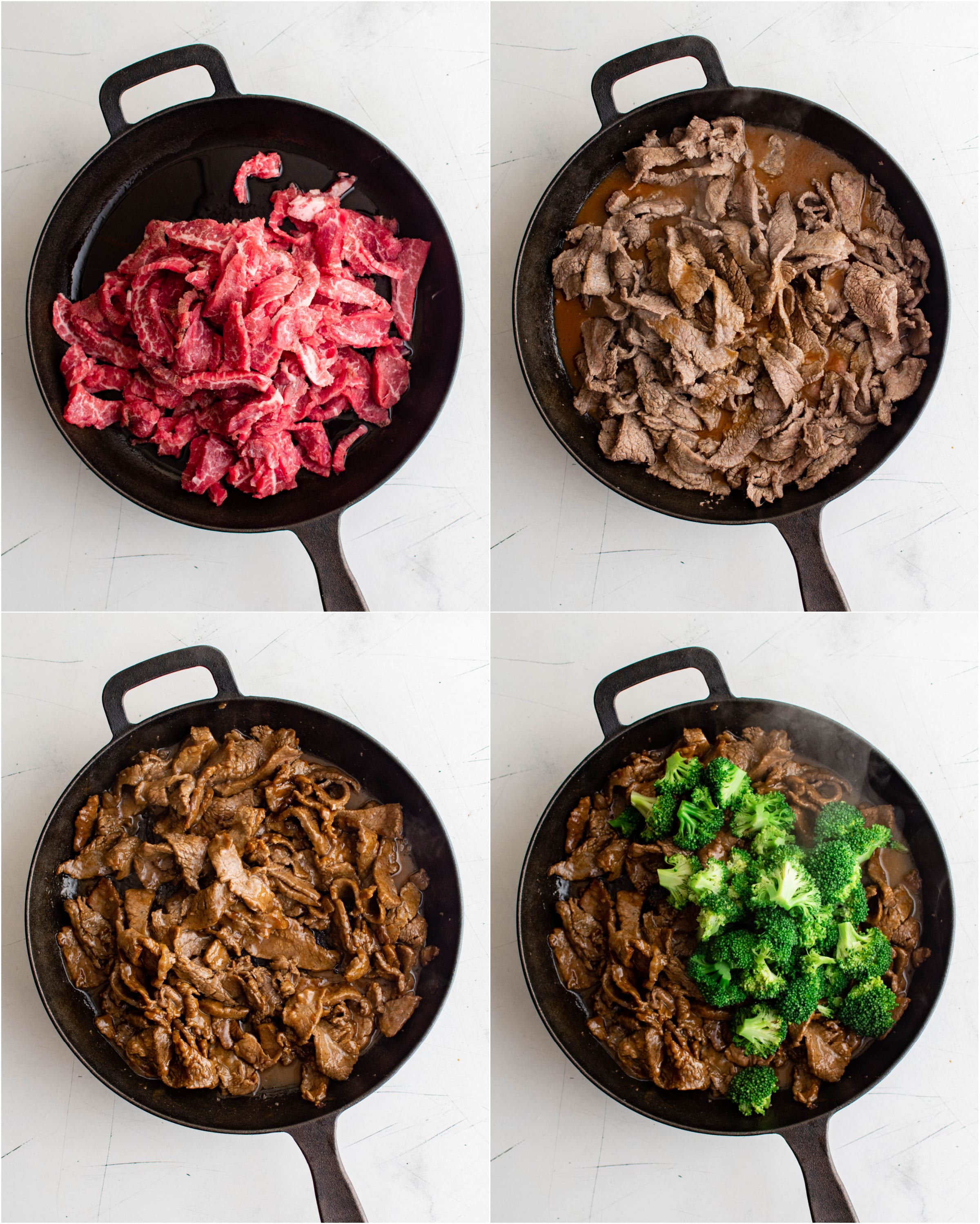 Four images in a collage: The first image shows thinly sliced flank steak added to a large cast iron skillet; the second image shows thinly sliced fully cooked skirt steak in a cast iron skillet; the fourth image shows thin slices of steak simmering in a brown sauce made from soy sauce, brown sugar, rice wine vinegar, and cornstarch in a large cast iron skillet; the fourth image shows blanched broccoli added to a large cast iron skillet filled with Chinese beef.