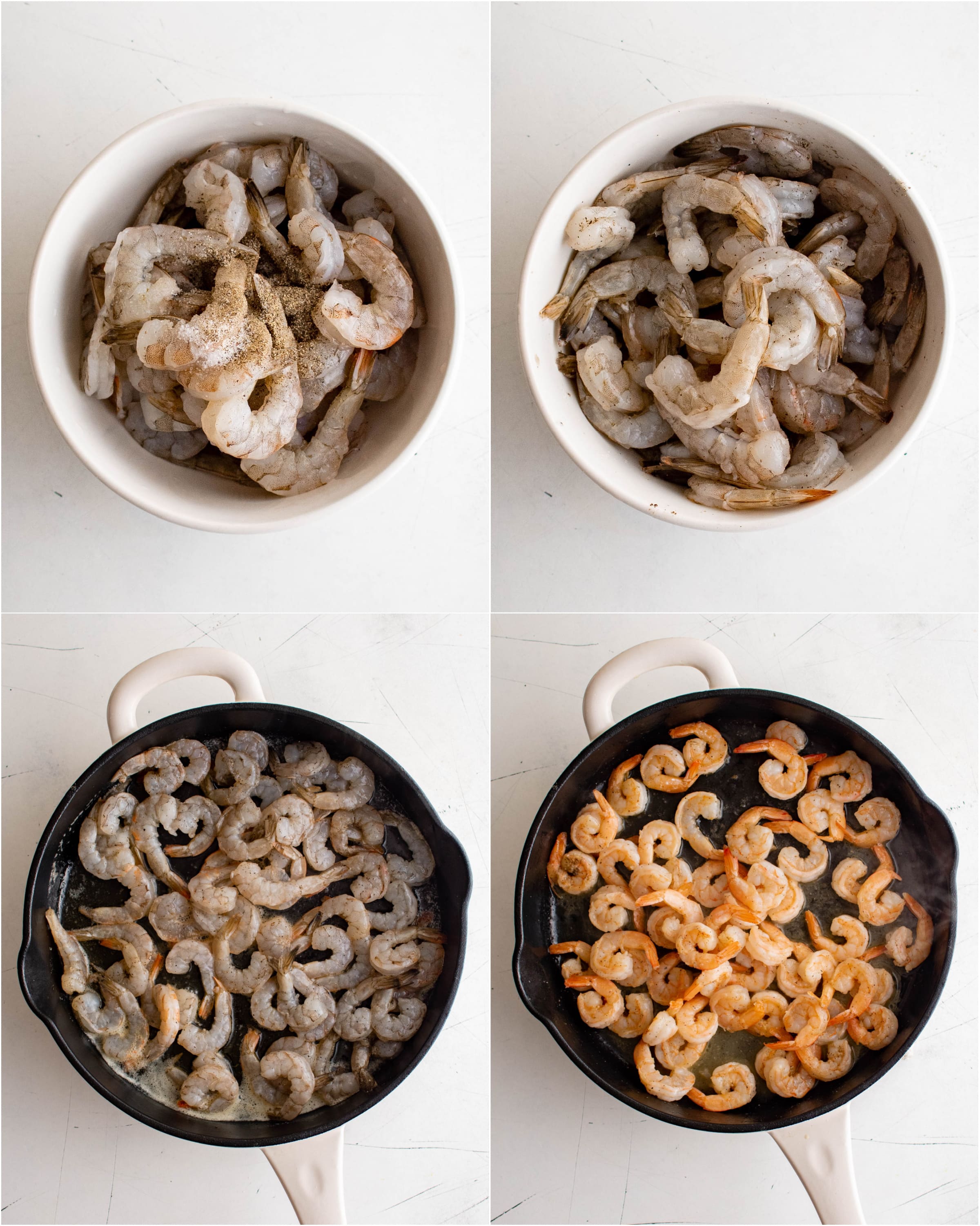 Four images in a collage: the first image shows raw shrimp in a white bowl; the second image shows raw shrimp in a white bowl seasoned with salt and black pepper; the third image shows raw shrimp added to a large hot skillet; the fourth image shows cooked shrimp in a large skillet.