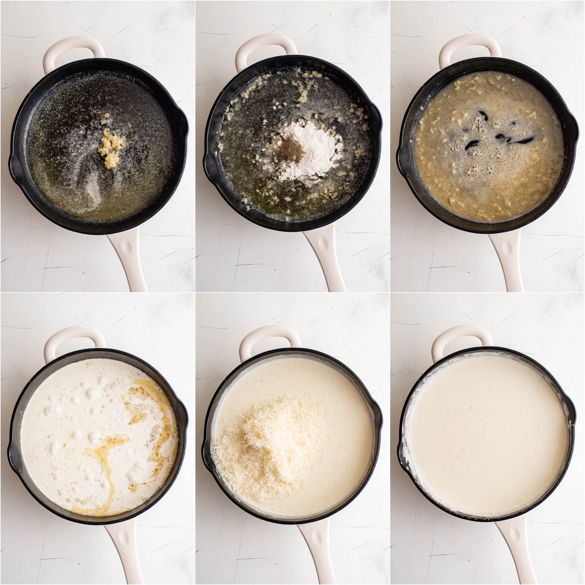 Six images in a collage: the first image shows melted butter and minced garlic in a large skillet; the second image shows flour added to a skillet with melted butter mixed with garlic; the third image shows melted butter and flour mixed together to make a roux; the fourth image shows heavy cream added to a large skillet; the fifth image shows grated parmesan cheese added to a large skillet with simmering alfredo sauce; the sixth image shows fully prepared and simmering homemade alfredo sauce in a stainless steel skillet.