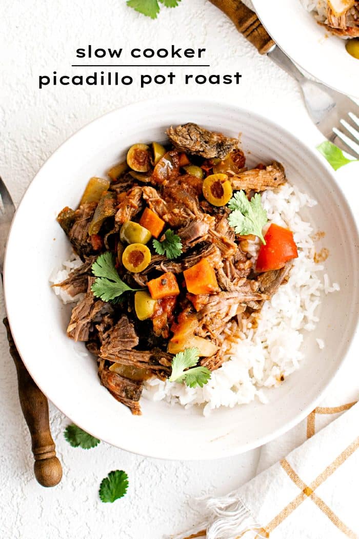 Pinterest Pin for Slow Cooker Picadillo Pot Roast with text overlay.